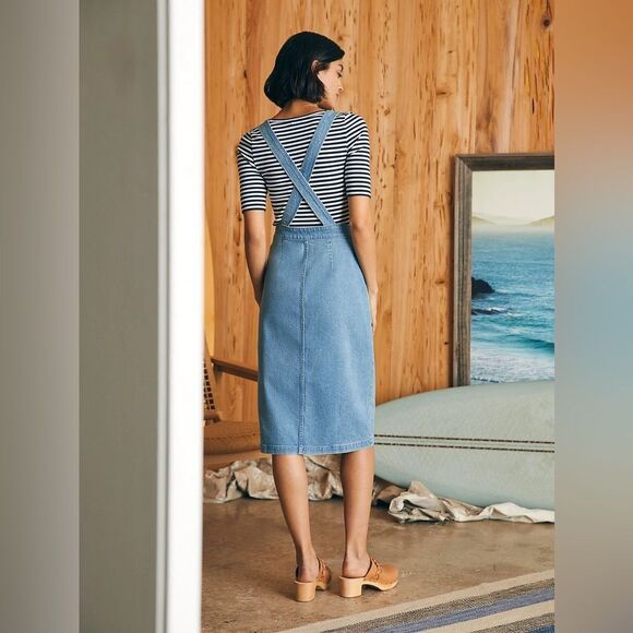 Faherty Organic Cotton Denim Remi Dress Blue Hanalei Wash Midi Pockets Jumper - Picture 4 of 15